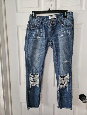 Distressed Dark Blue Skinny Jeans with Knee Rips